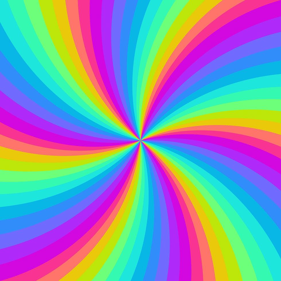 Rainbow neon swirl background. Radial gradient rainbow of twisted spiral. Vector illustration.