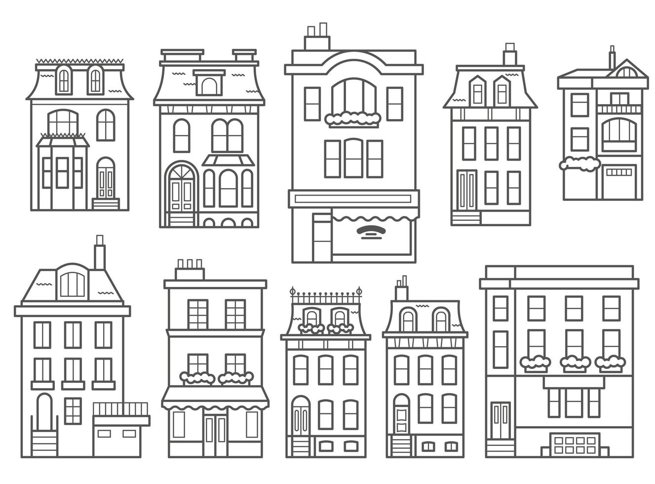 European buildings skyline. Linear cityscape with various row houses. Outline illustration with old Dutch buildings vector