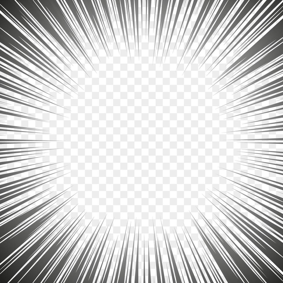 Comic manga radial lines with speed effect for comics book. Black and white explosion background. Flash ray blast glow. Vector frames.