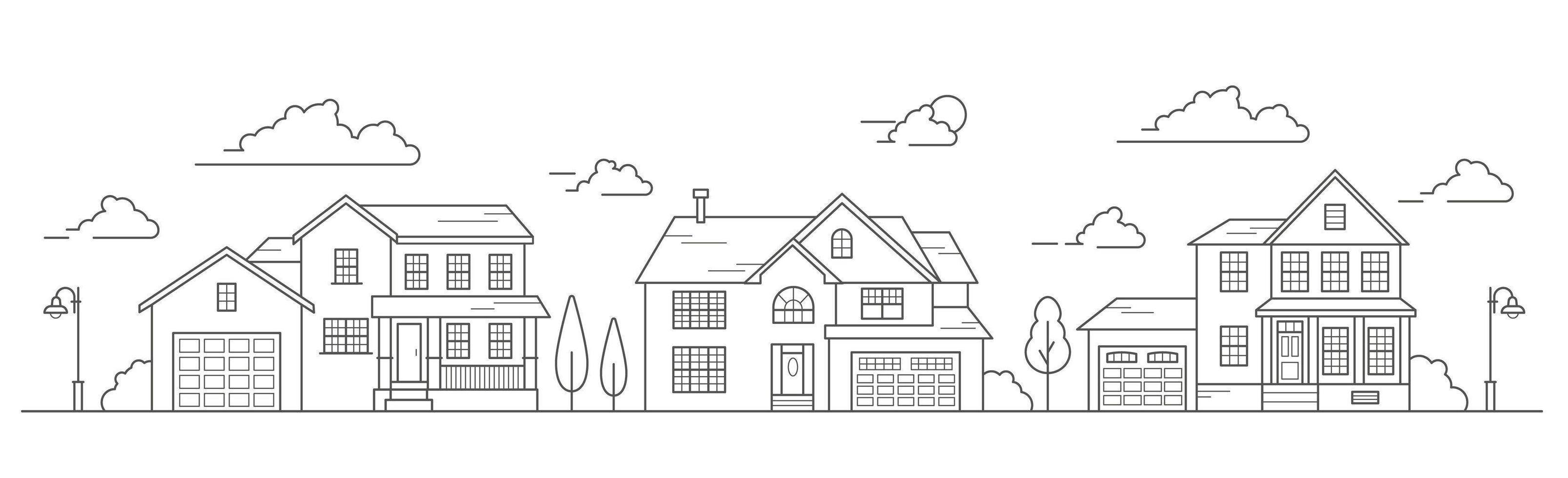 Landscape of the neighborhoods of the city, the houses of the suburbs residential area. A number of low-rise buildings of the village. Outline vector illustration.