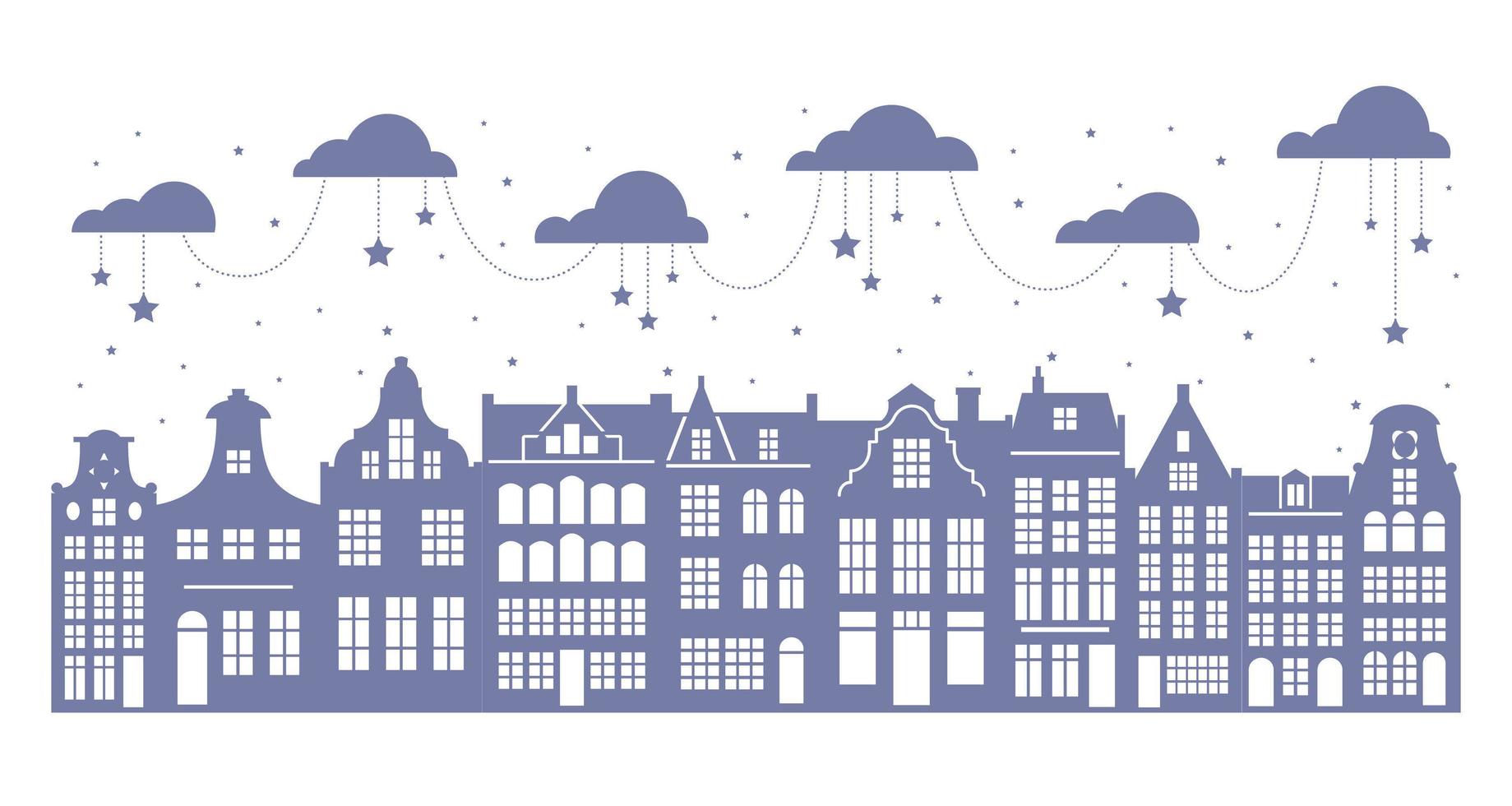 Silhouette of a row Amsterdam houses. Facades of European old buildings for Christmas decoration. Holland homes. Vector