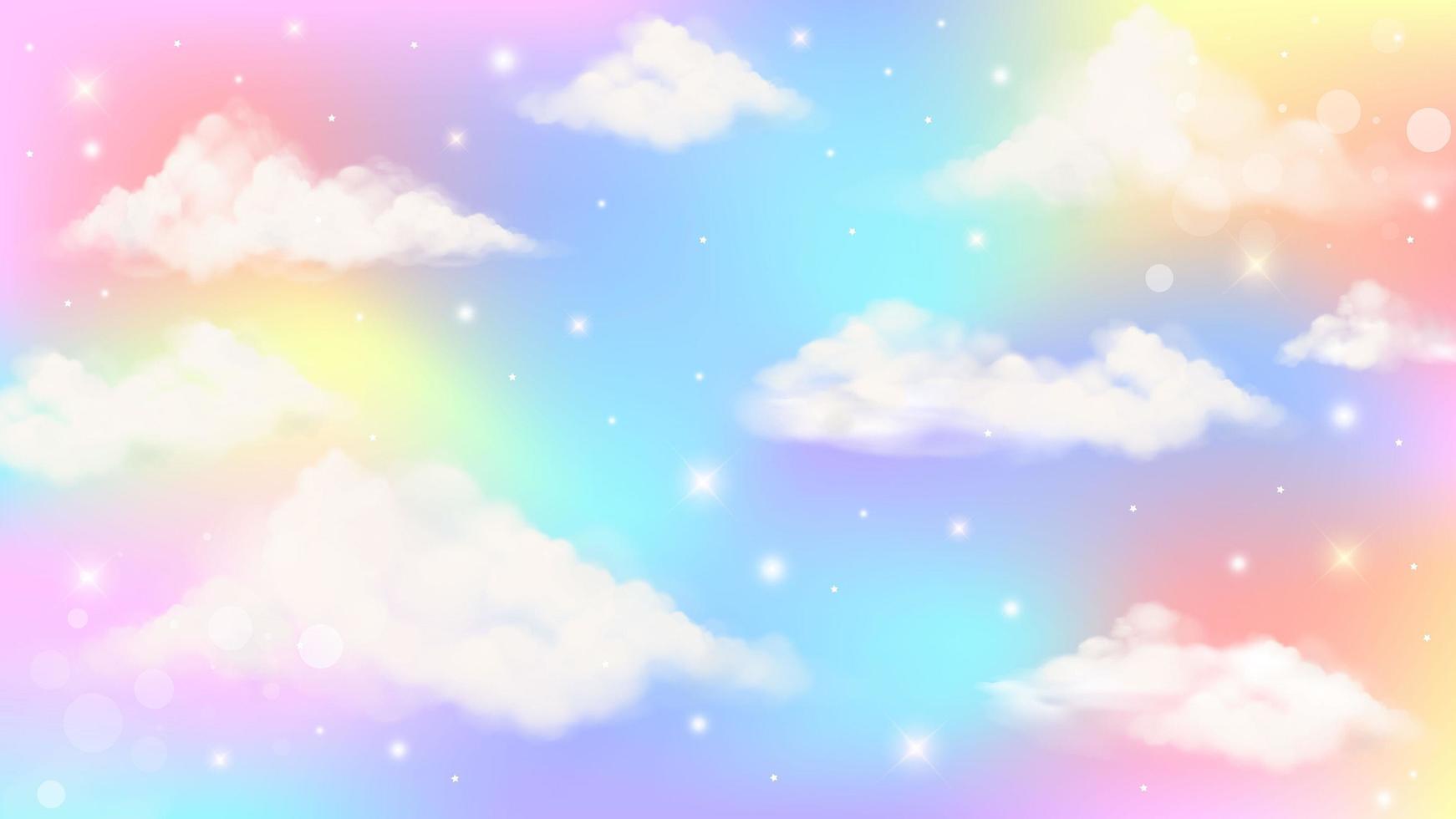 Holographic fantasy rainbow unicorn background with clouds. Pastel color sky. Magical landscape, abstract fabulous pattern. Cute candy wallpaper. Vector. vector