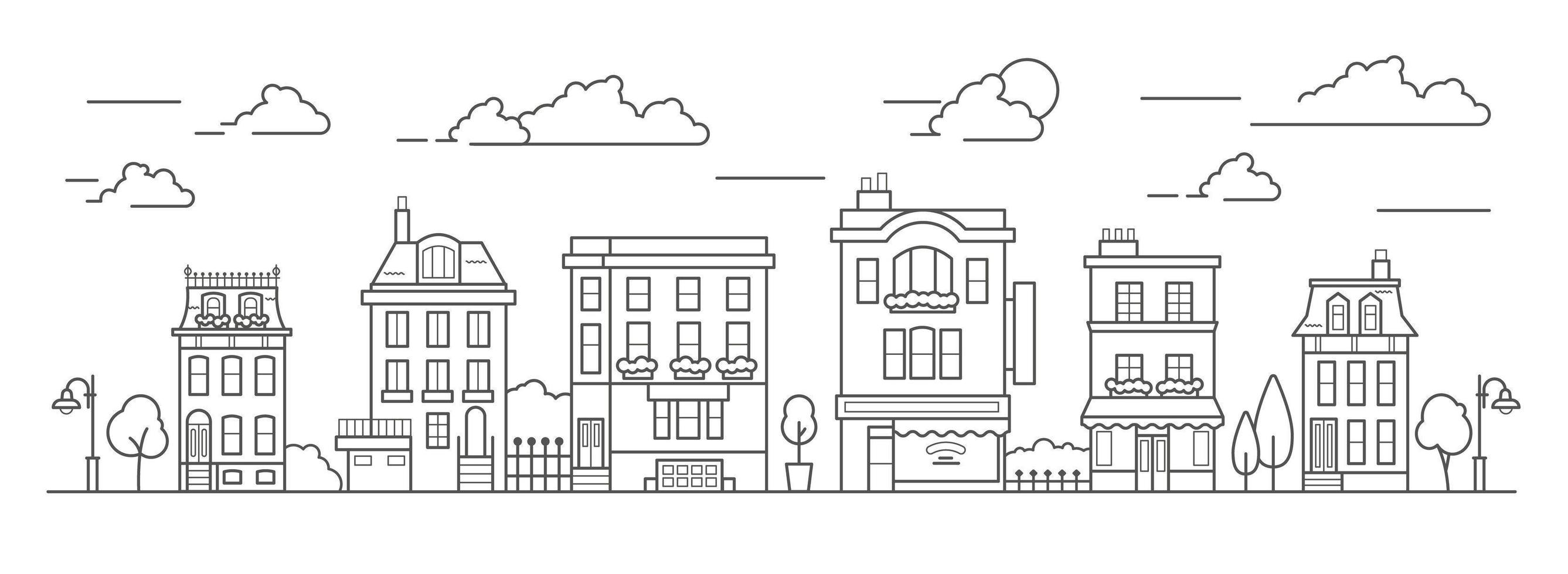 Landscape in line art style. Outline street with houses, building, tree and clouds. Cafe, pharmacy, hotel and bus stop. Vector