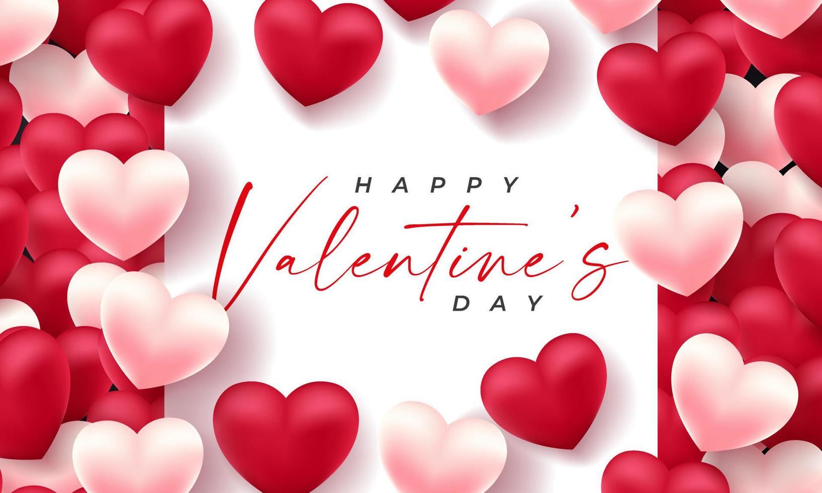 Valentines day 3d hearts. Cute love banner, romantic greeting card happy valentines day wishes text, red heart balloons vector concept