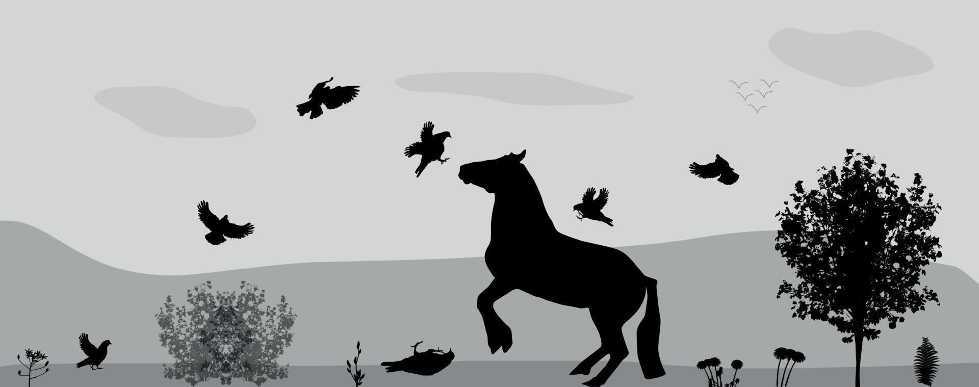 Fight Horses and Birds in Nature. Vector Illustration.