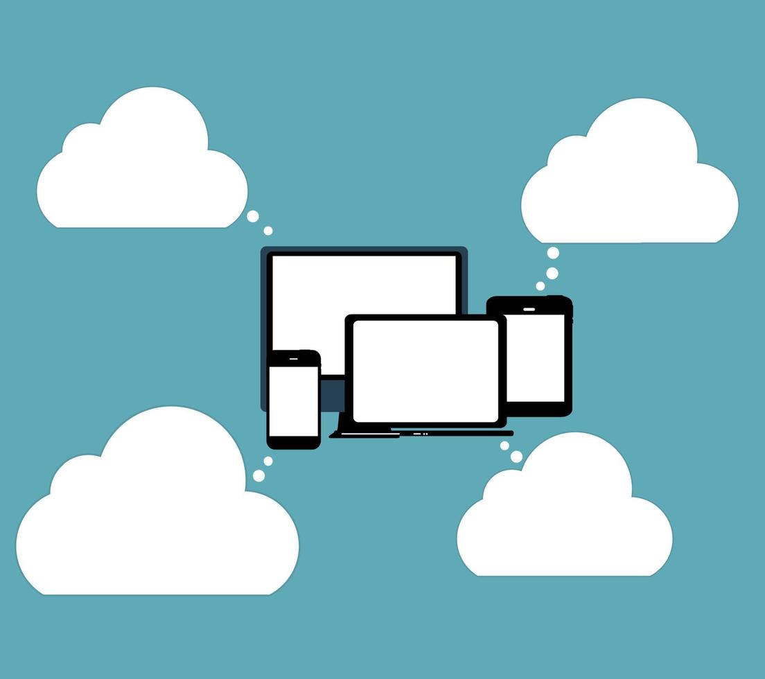 concepto de computación en la nube en diferentes dispositivos electrónicos. vector