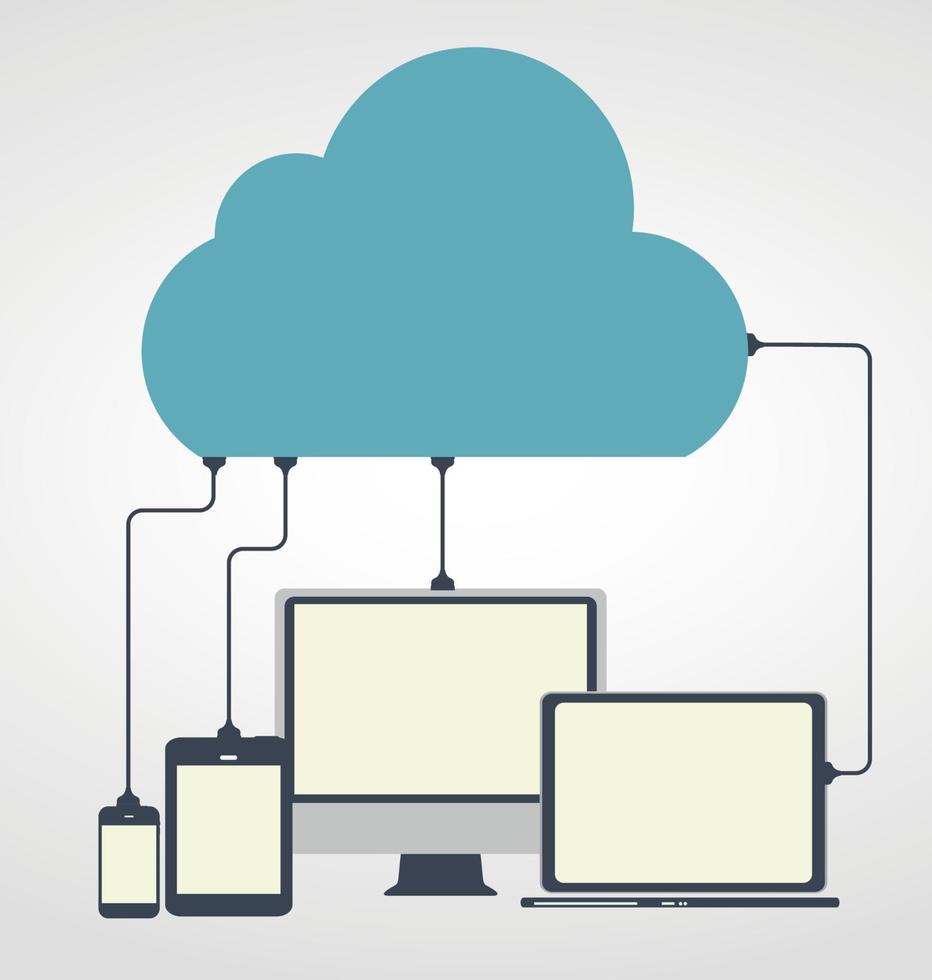 concepto de computación en la nube en diferentes dispositivos electrónicos. vector