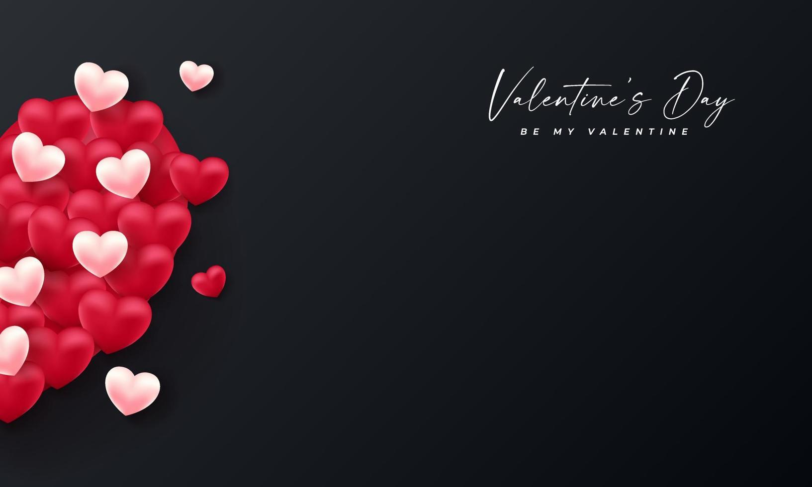 día de san valentín corazones 3d. Banner de amor lindo, tarjeta de felicitación romántica, feliz día de San Valentín desea texto, concepto de vector de globos de corazón rojo