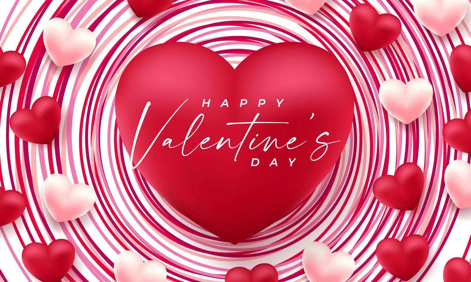 día de san valentín corazones 3d. Banner de amor lindo, tarjeta de felicitación romántica, feliz día de San Valentín desea texto, concepto de vector de globos de corazón rojo