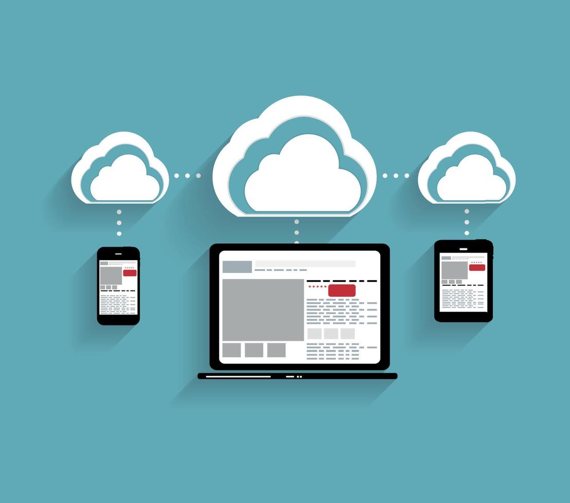 concepto de computación en la nube en diferentes dispositivos electrónicos. vector