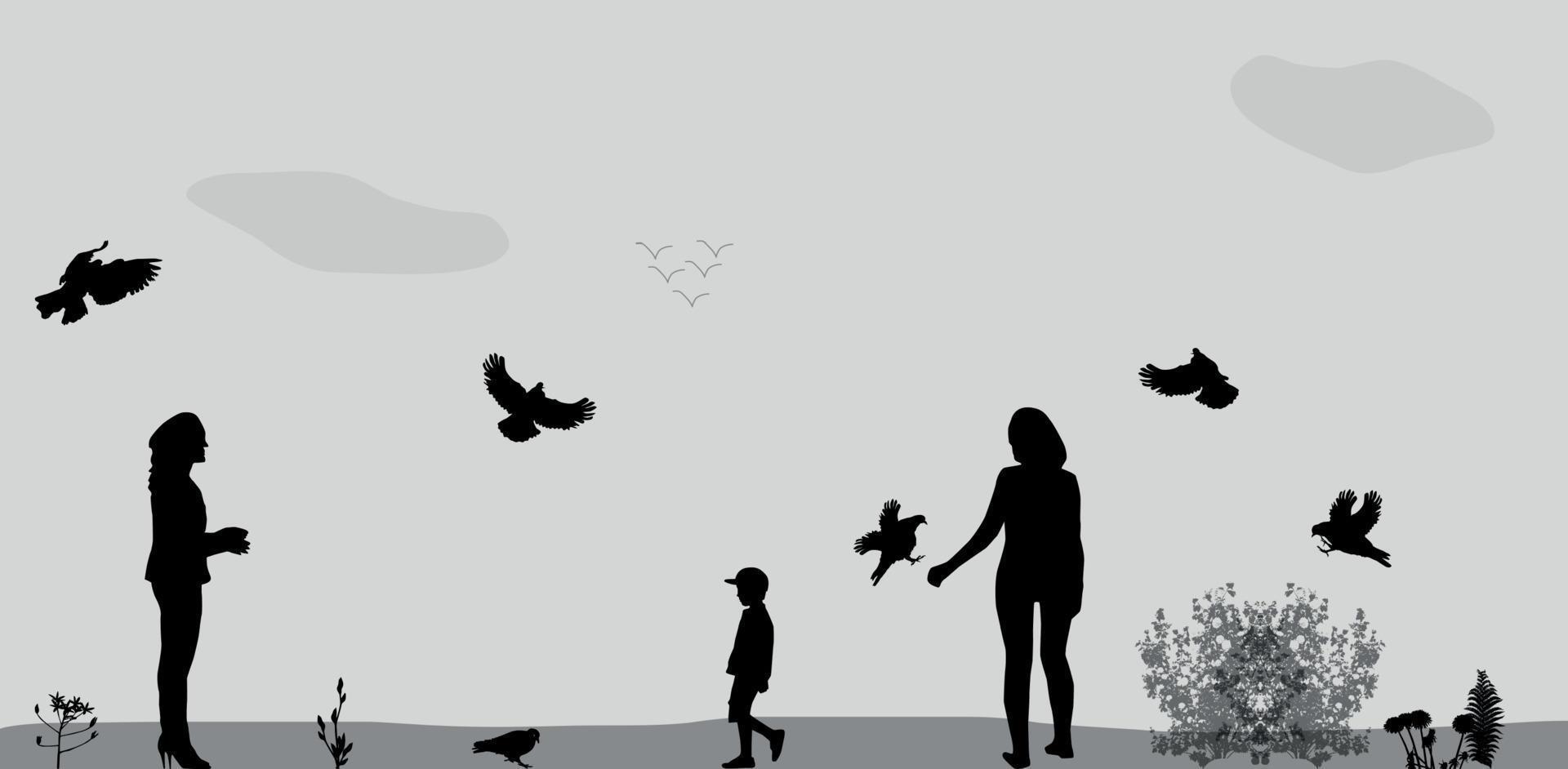 Family in the Park Feeding Birds. Vector Illustration.