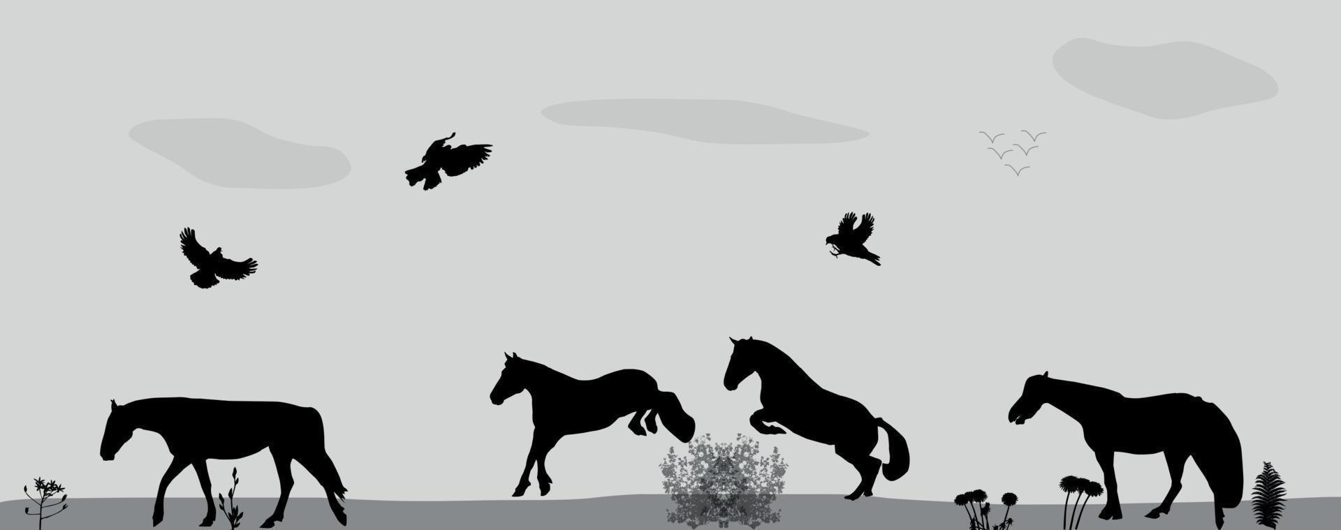 caballos saltando, pájaros vuelan en la naturaleza. ilustración vectorial. vector