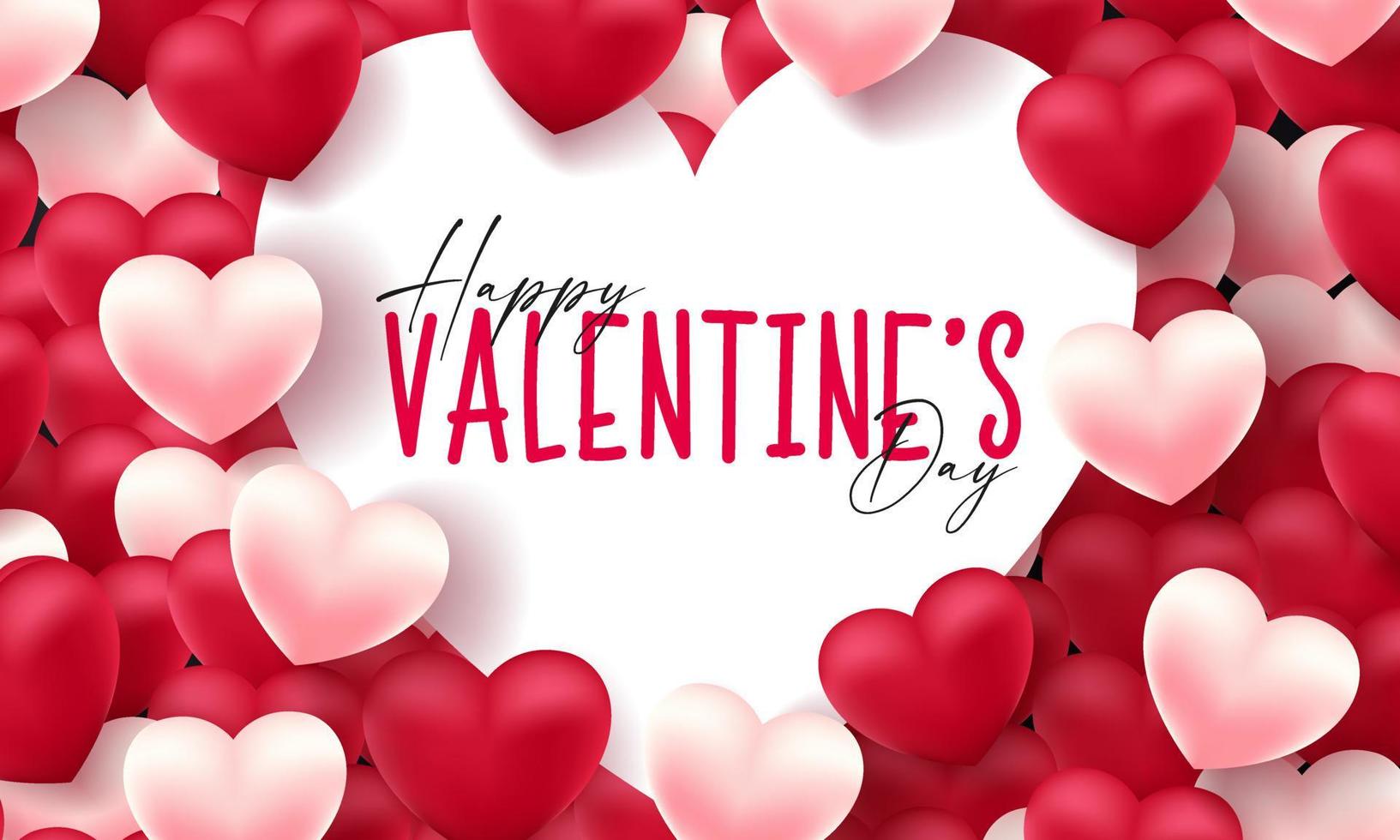 Valentines day 3d hearts. Cute love banner, romantic greeting card happy valentines day wishes text, red heart balloons vector concept