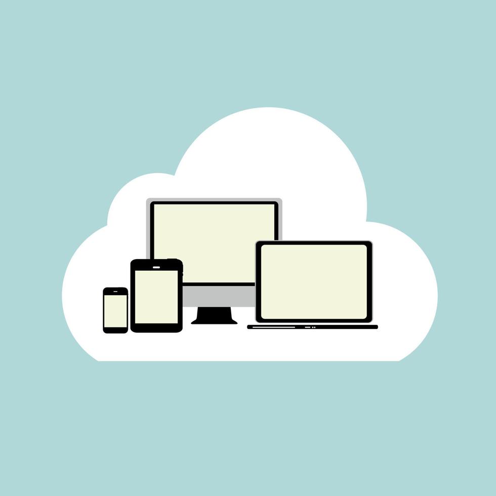 concepto de computación en la nube en diferentes dispositivos electrónicos. vector