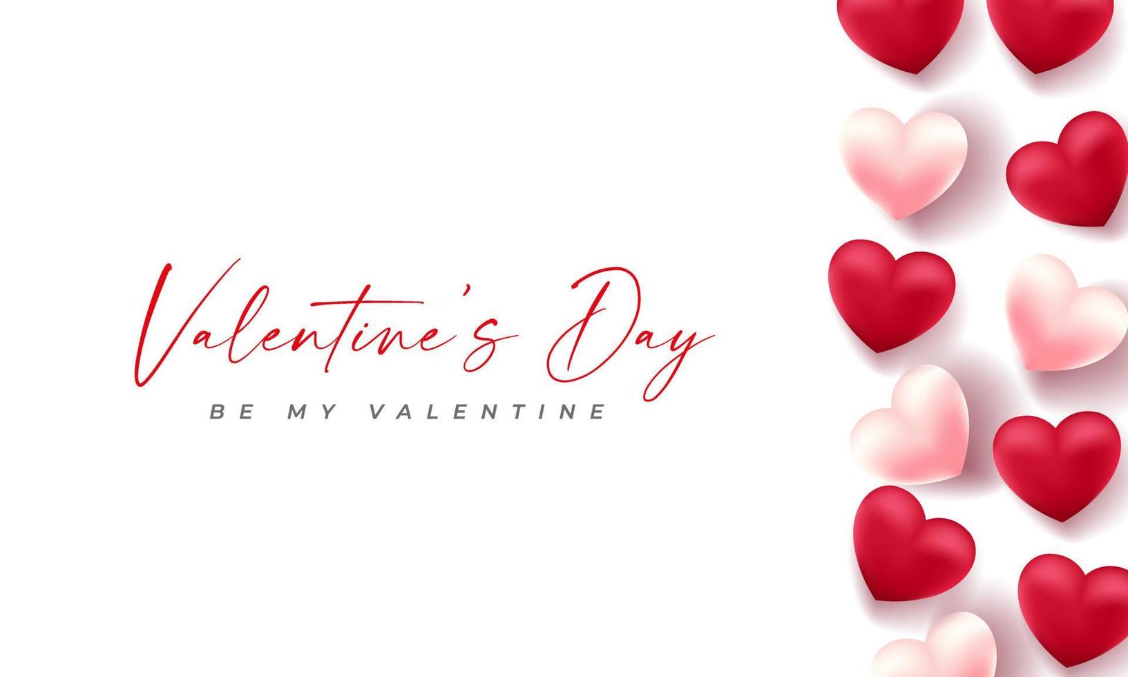 Valentines day 3d hearts. Cute love banner, romantic greeting card happy valentines day wishes text, red heart balloons vector concept