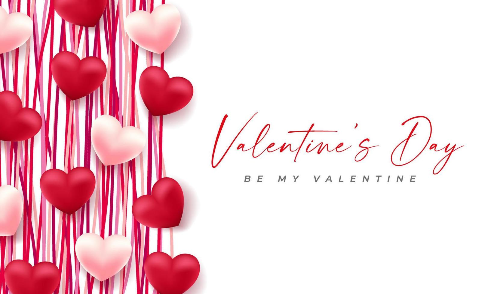 Valentines day 3d hearts. Cute love banner, romantic greeting card happy valentines day wishes text, red heart balloons vector concept