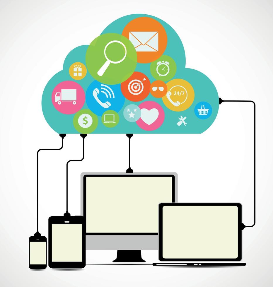 Cloud Computing Concept on Different Electronic Devices. Vector