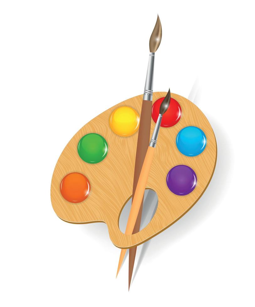 Wooden art palette with paints and brushe vector