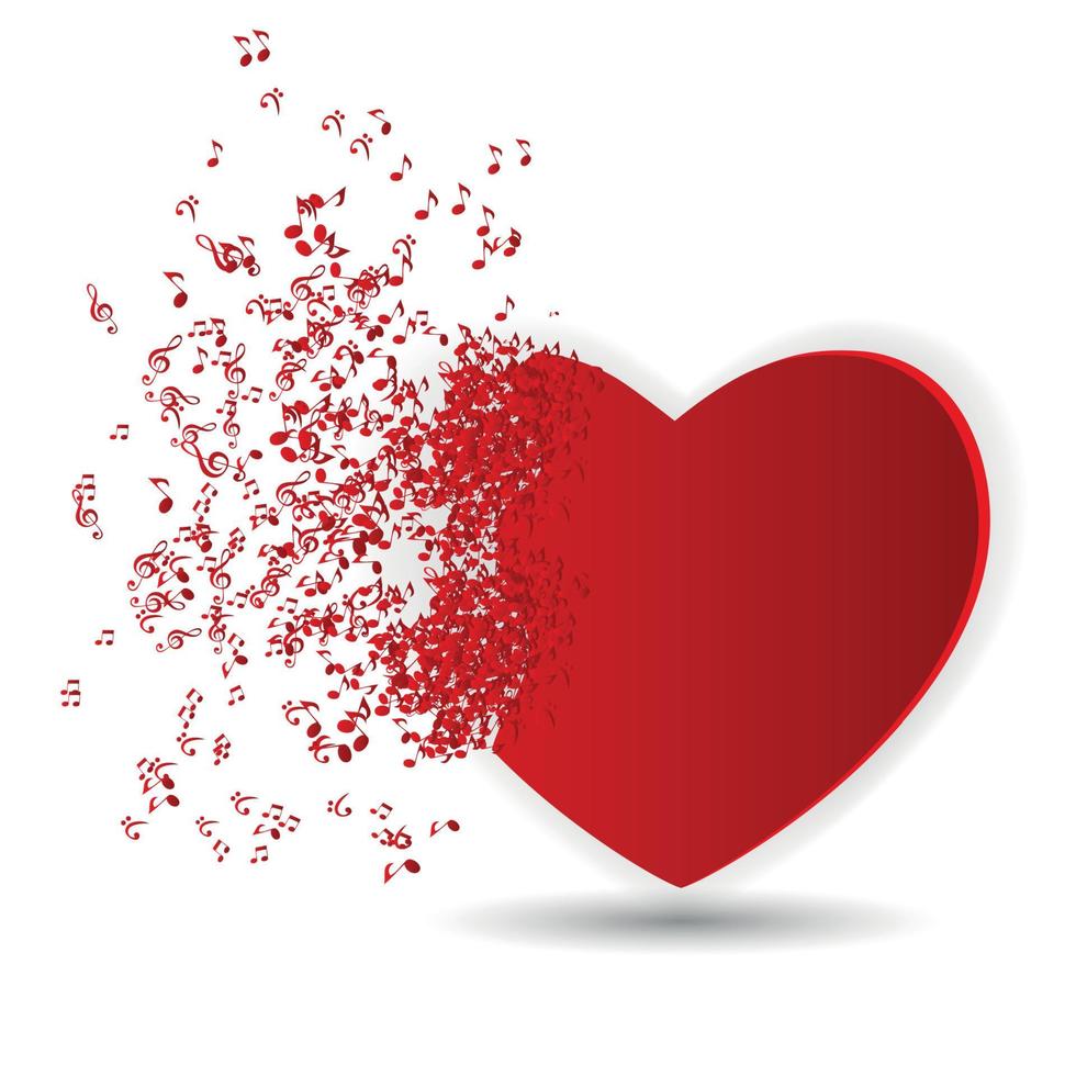 Happy Valentines Day Card  with Heart, Music Notes. Vector Illus