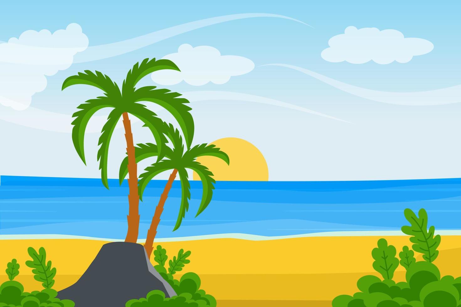 view of the ocean of palm trees and sun. summer landscapes vector illustration.