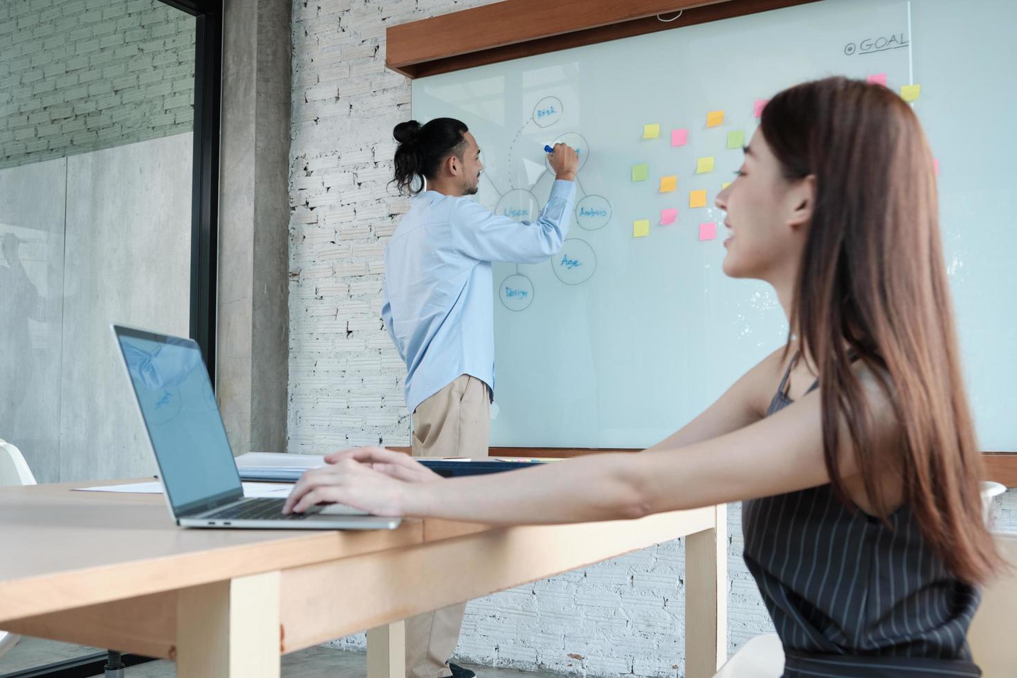 Two colleagues and coworkers of Asian ethnicity brainstorm and meeting finance project discuss with business plan in conference room with colorful sticky notes paper on writing board in the office. photo