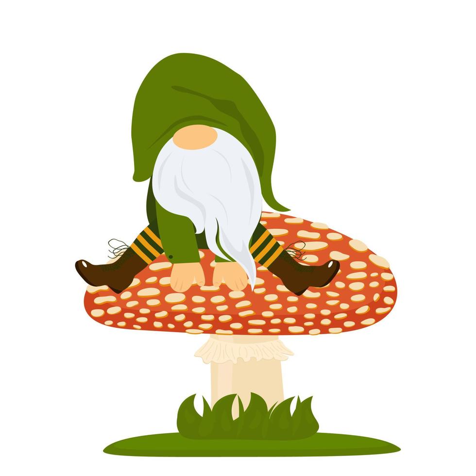 Gnome Sitting on Red Spotted Mushroom. vector