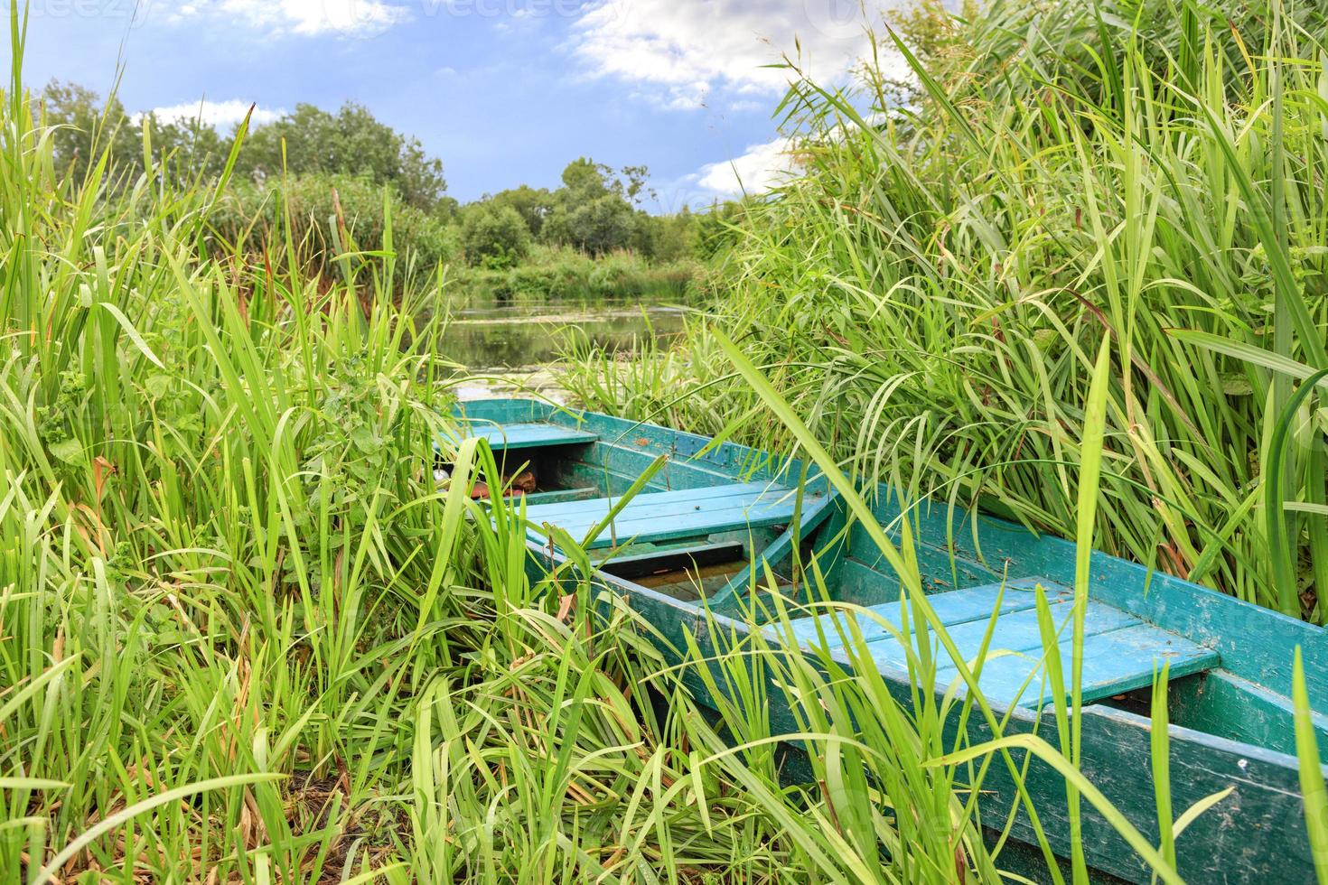 un viejo barco verde se encuentra escondido entre los juncos en la orilla de un río tranquilo con el telón de fondo de la superficie de un río tranquilo. foto