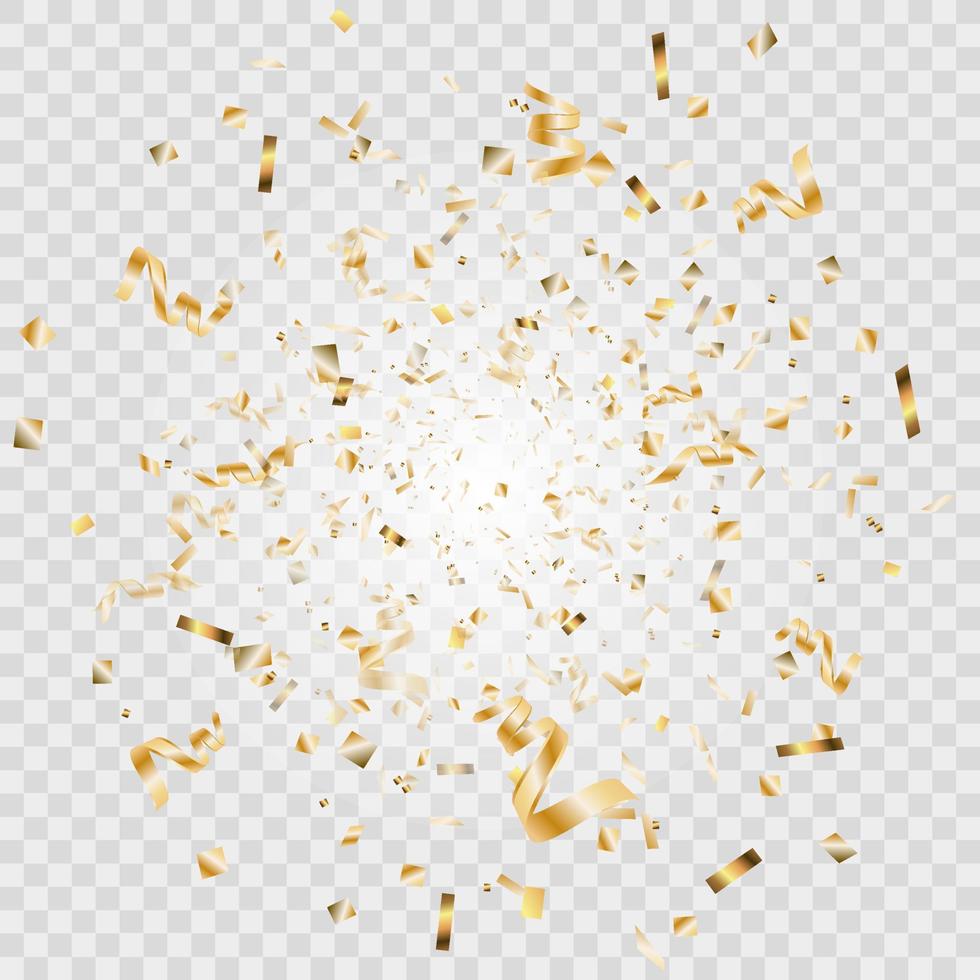 Confetti and streamer ribbon falling on transparent background. Falling shiny gold confetti. vector