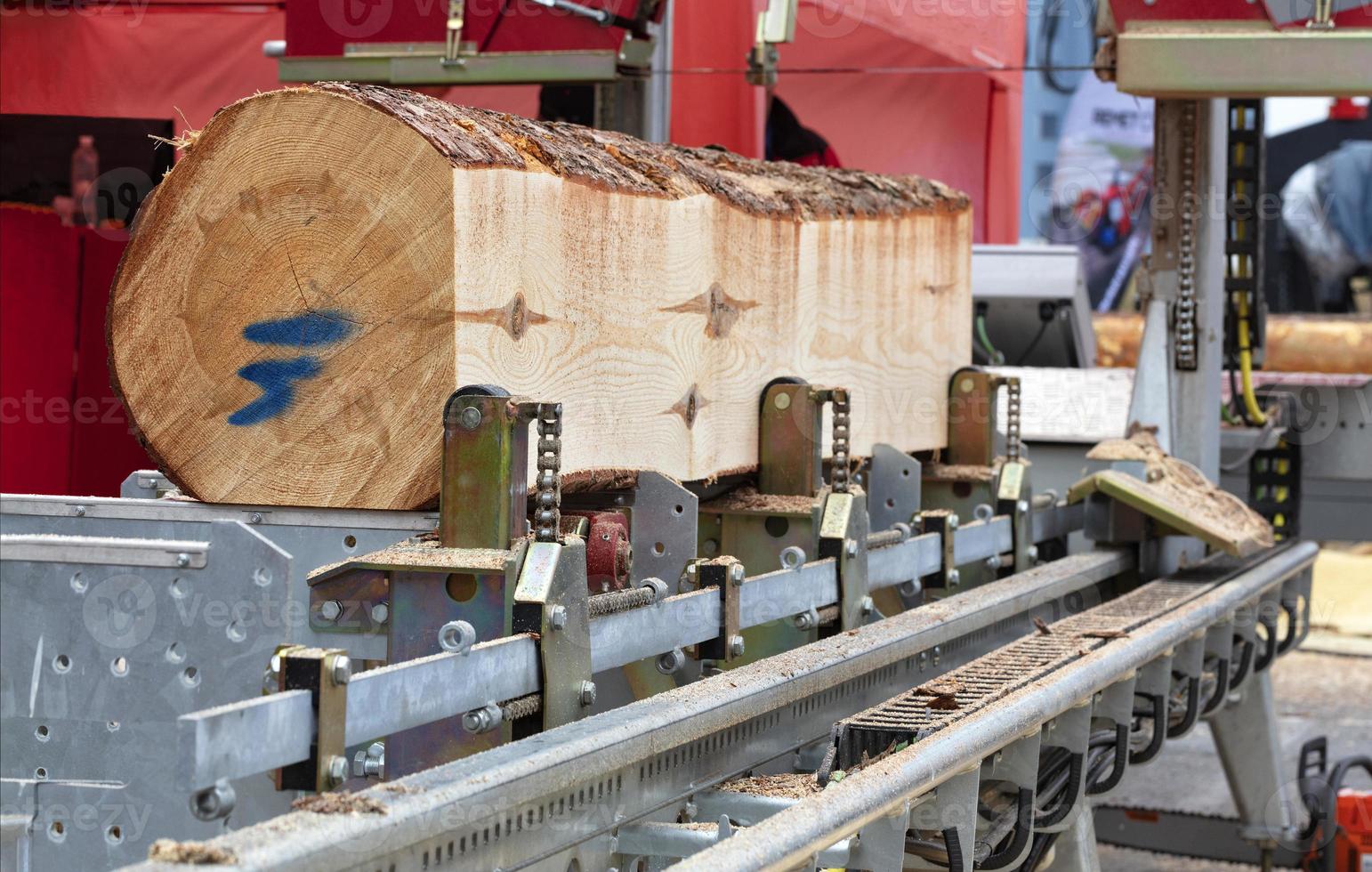 Woodworking, large logs in a modern sawmill. photo