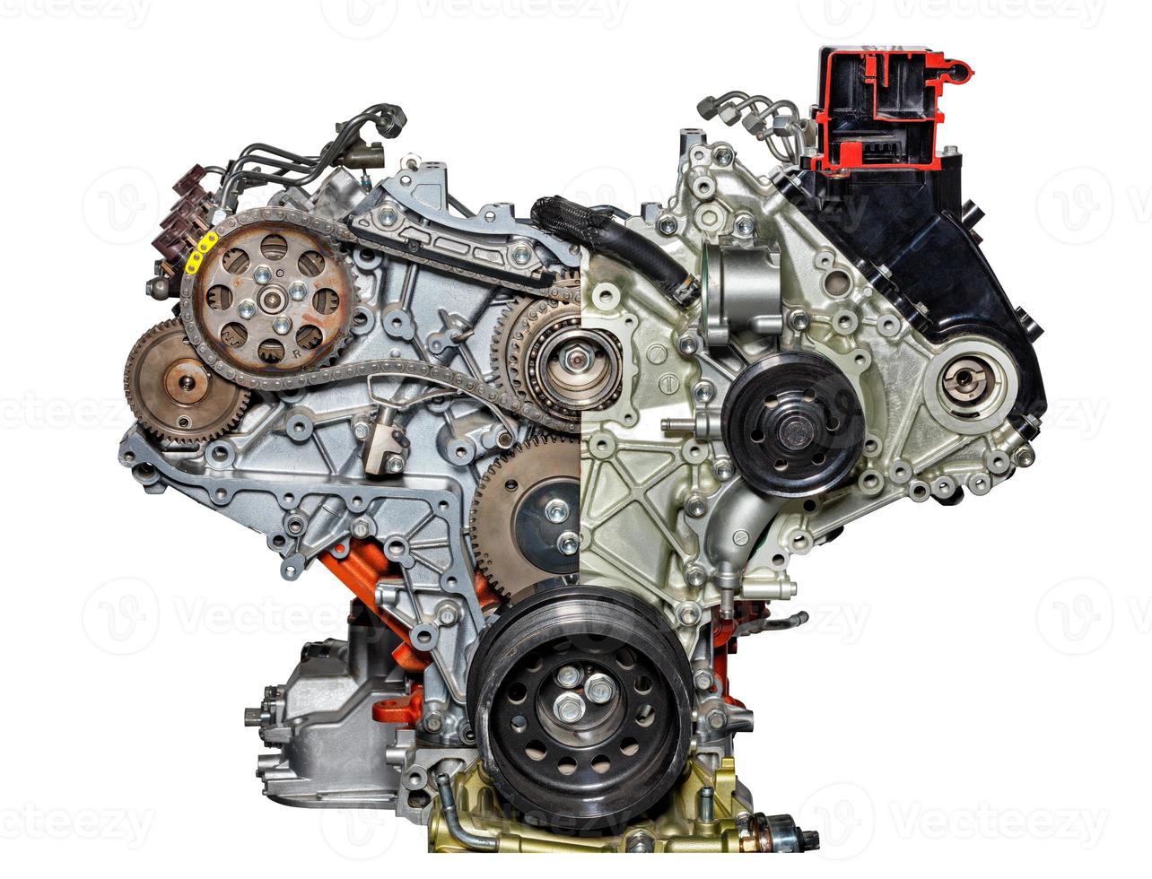 The structure of an internal combustion engine of a modern car on a stand with a partial section of the corps. photo