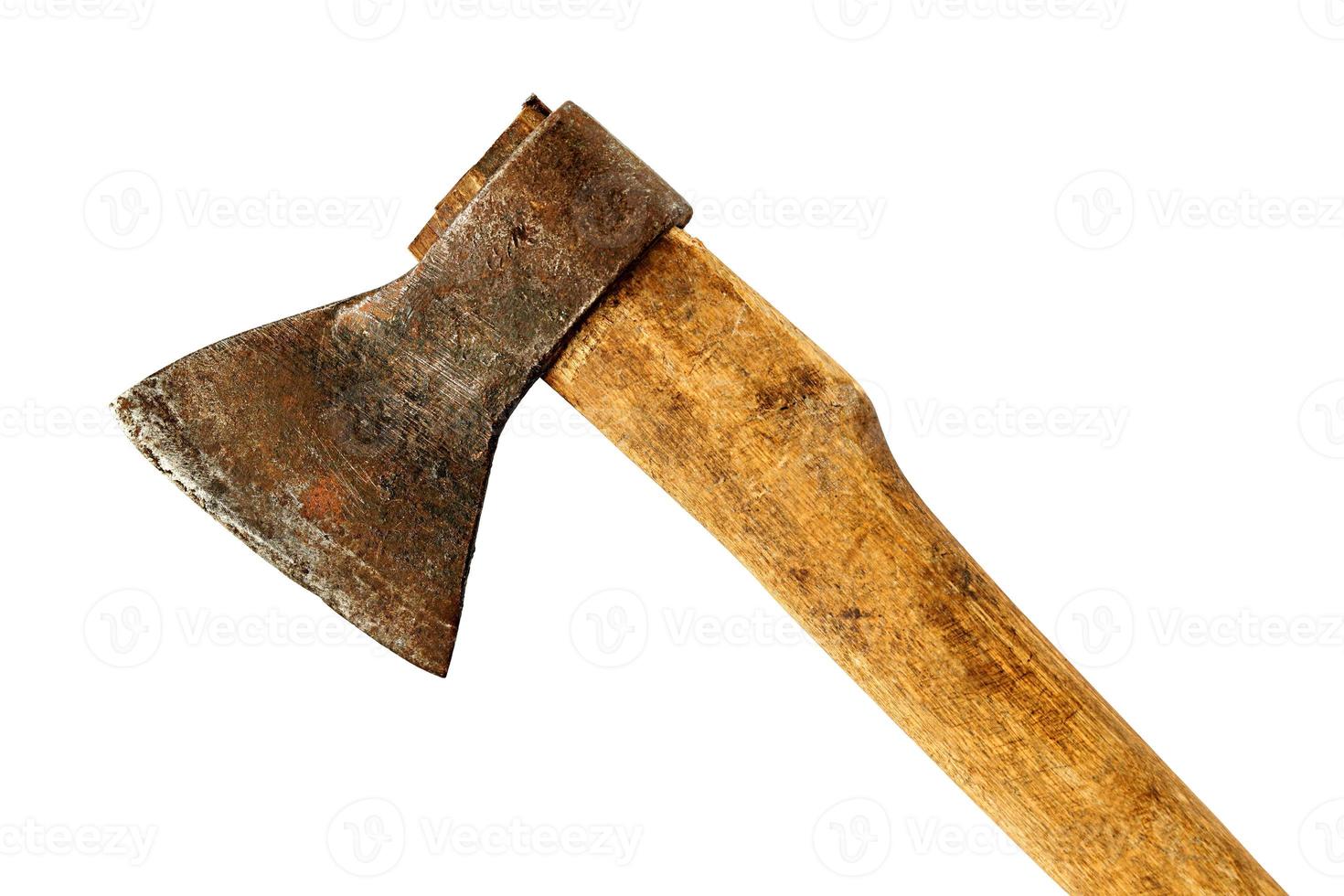 Old ax with wooden handle isolated on white background photo