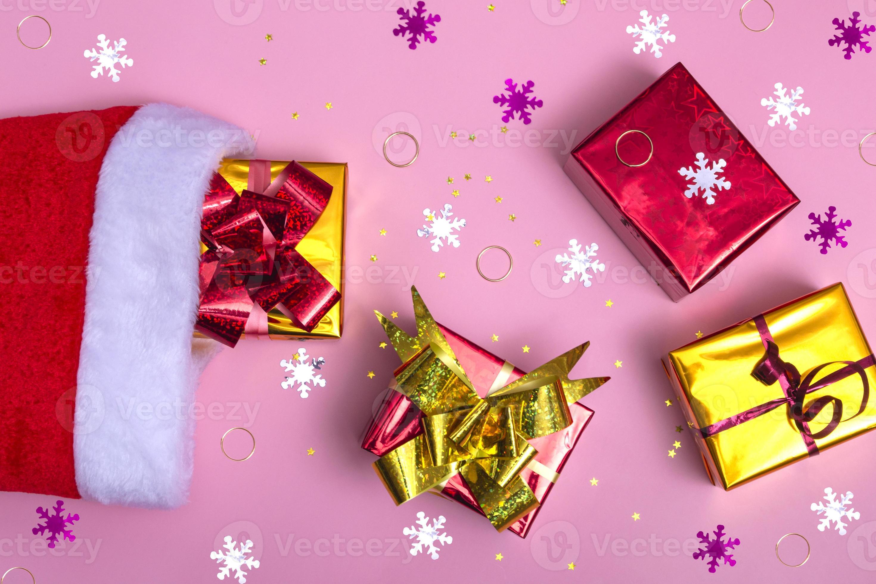 Christmas View Decoration 2022 New Year Christmas Composition. Santa Claus Hat With Holiday Decorations  And Gifts On A Pink Background. Flat Top View Copy Space New Year 2022  4712569 Stock Photo At Vecteezy