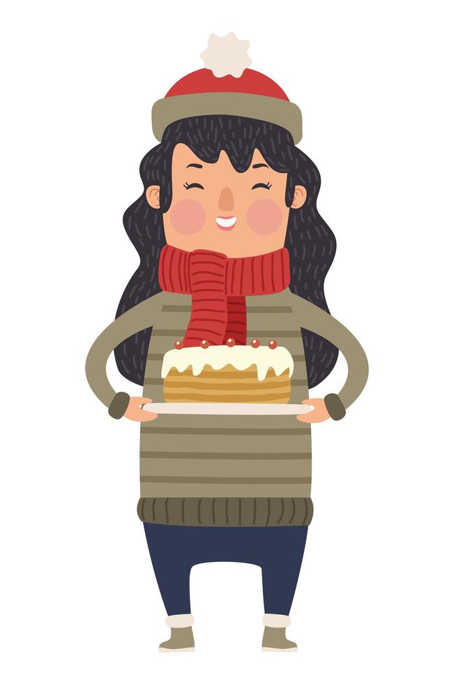 mujer levantando pastel navidad vector