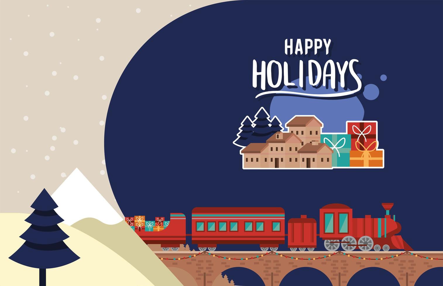 tren de navidad y casas vector