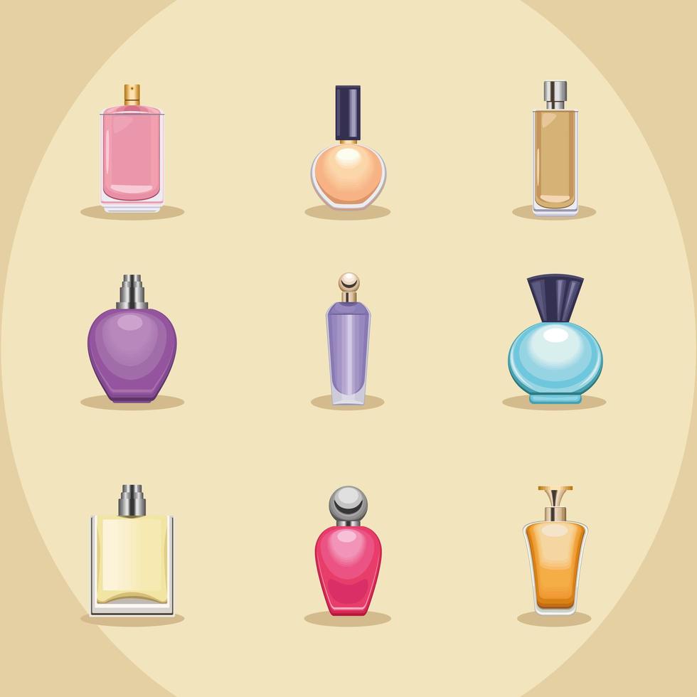 nueve iconos de botellas de perfumes vector