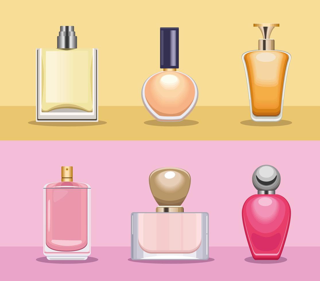 seis iconos de botellas de perfumes vector