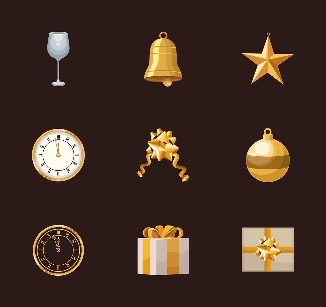 nueve iconos de feliz año nuevo vector