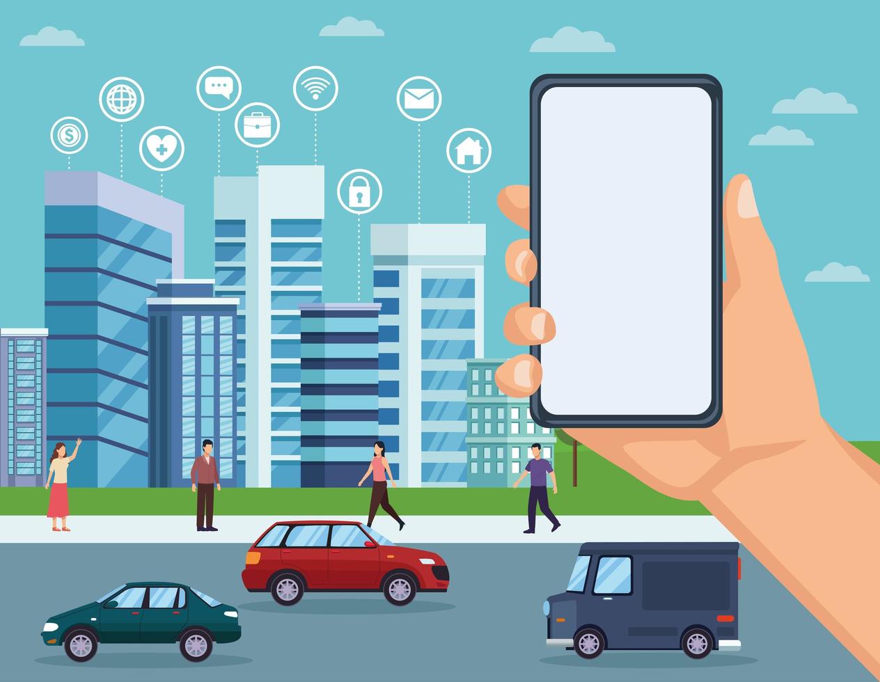 smart city with smartphone vector