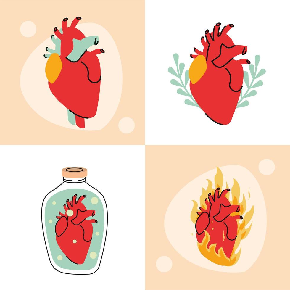 four hearts love icons vector