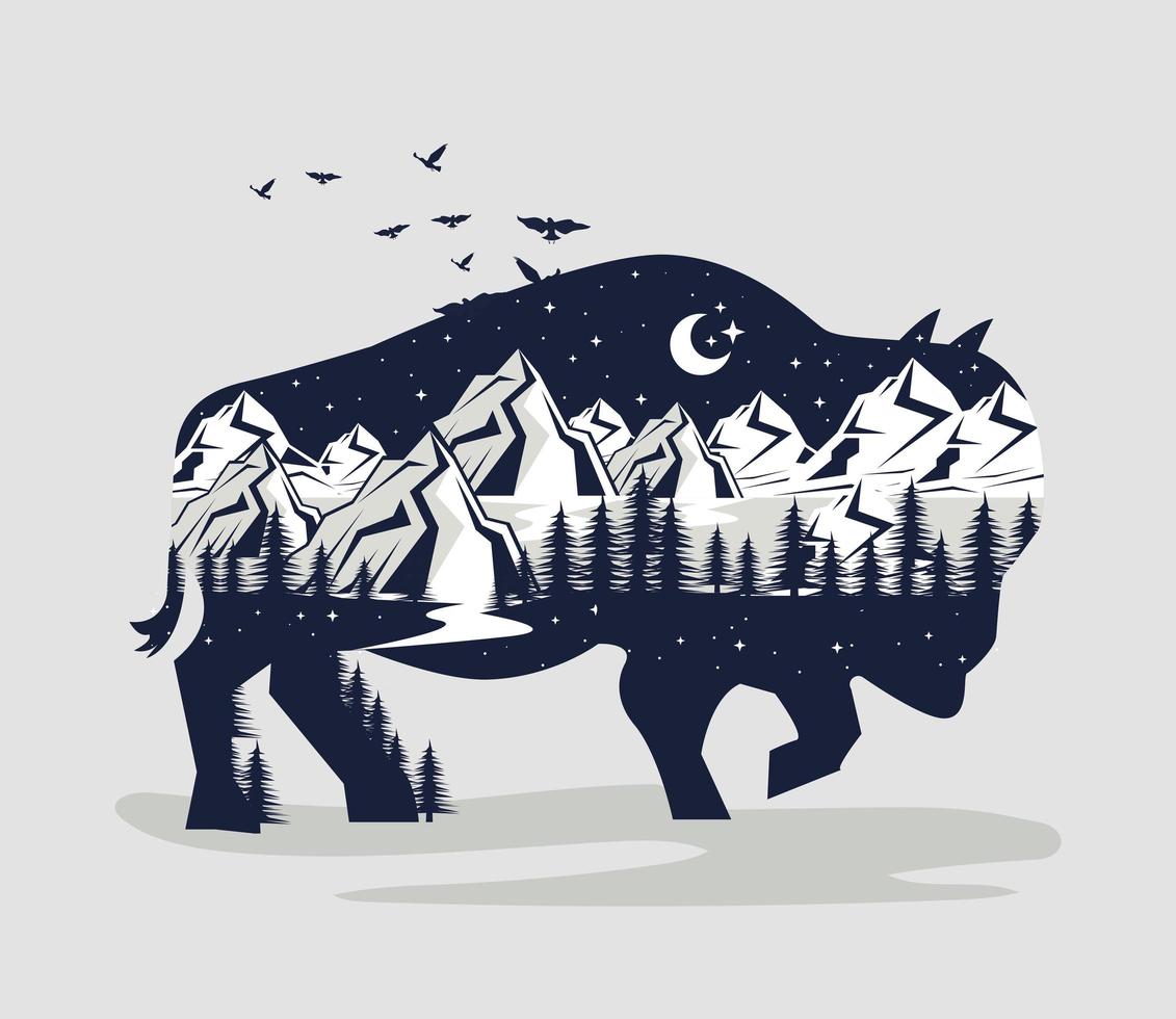 buffalo animal double exposure vector