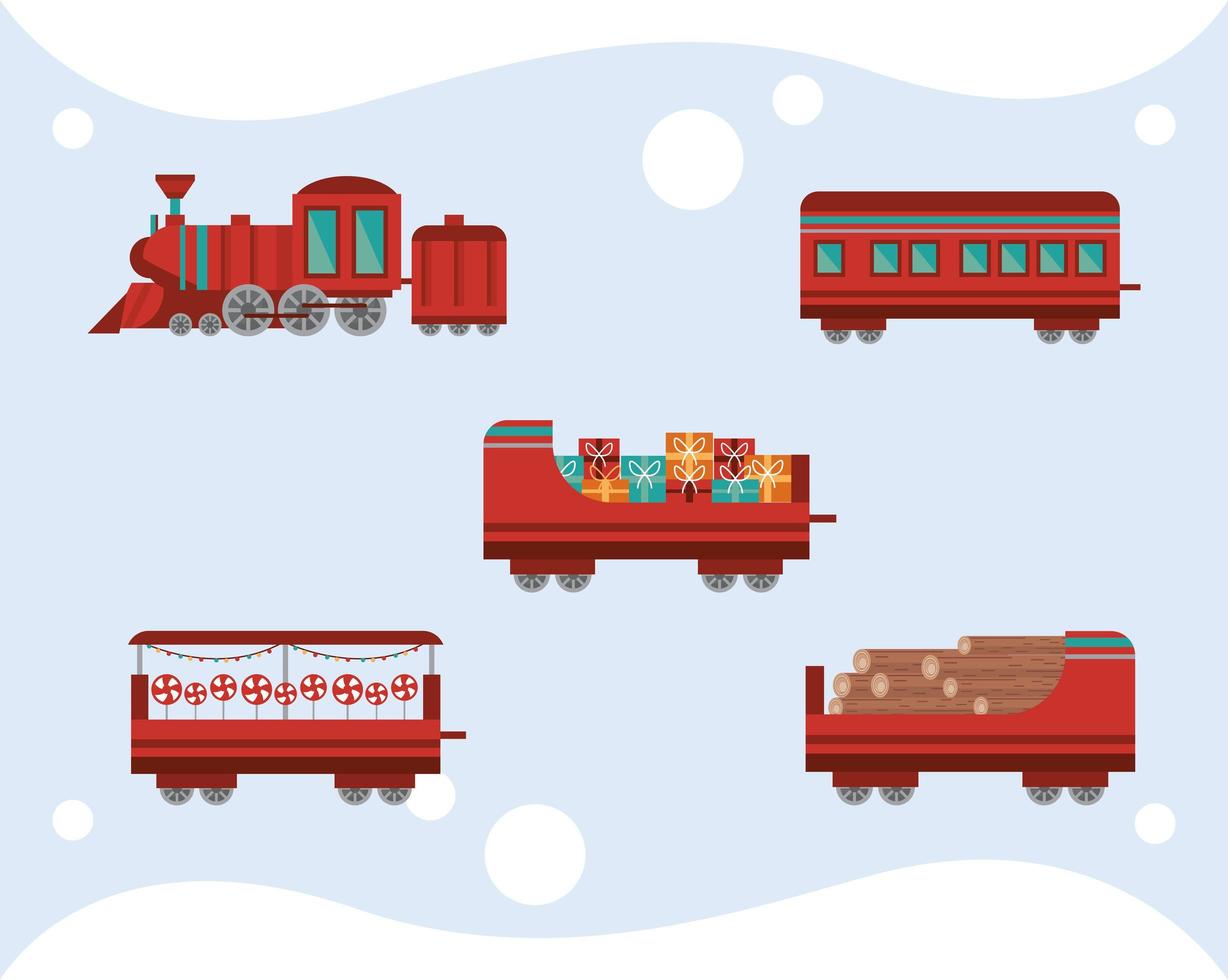 five christmas train icons vector