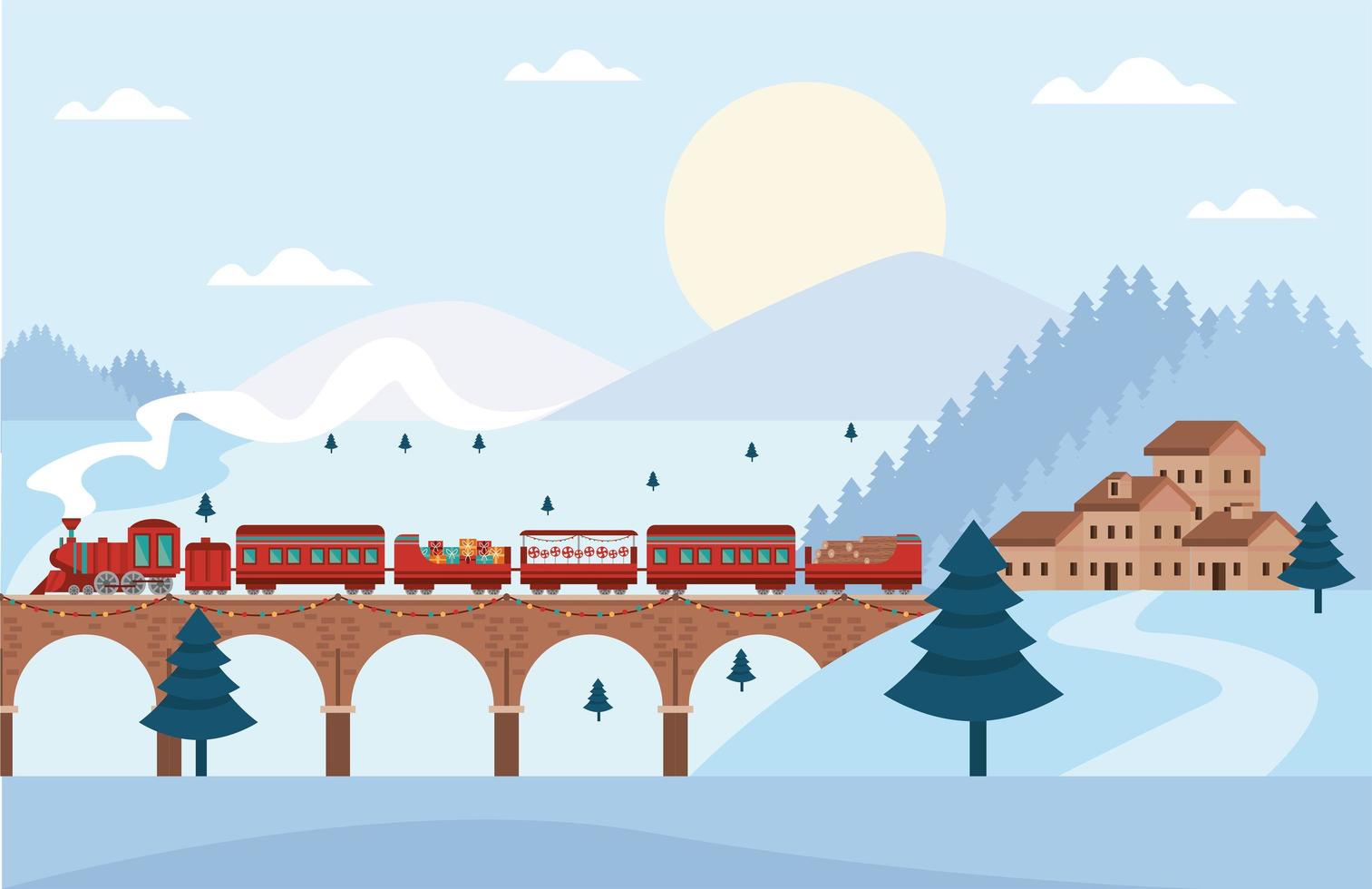 christmas train in snowscape vector
