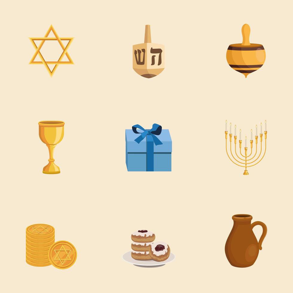 nueve iconos felices de hanukkah vector