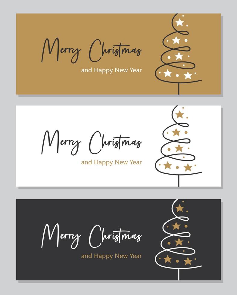 Merry Christmas and Happy New Year greeting card banner template design Winter holiday Vector line art doodle christmas tree with lettering White golden and black variants