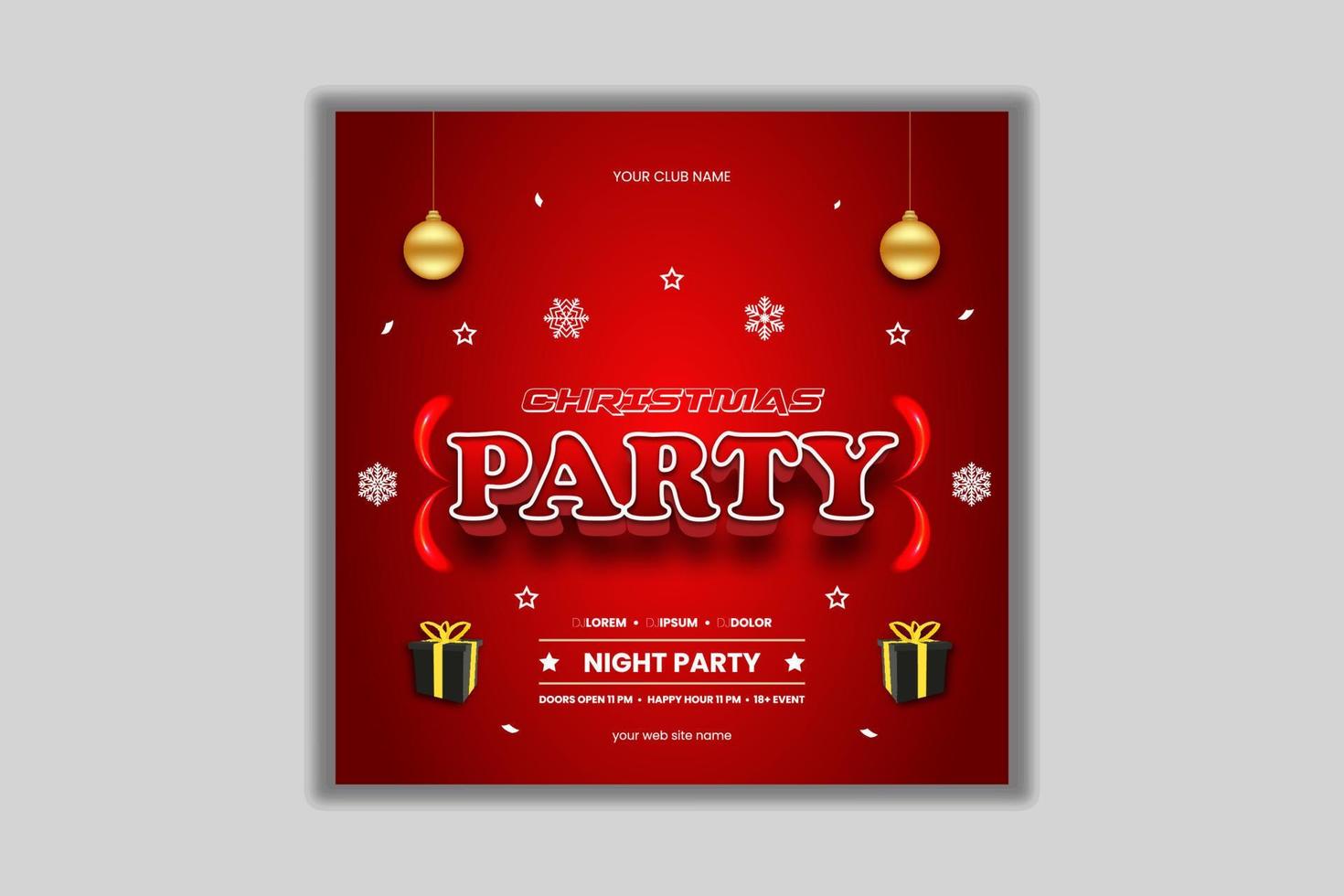 Christmas party red greeting card and 3D text effect social media post template vector