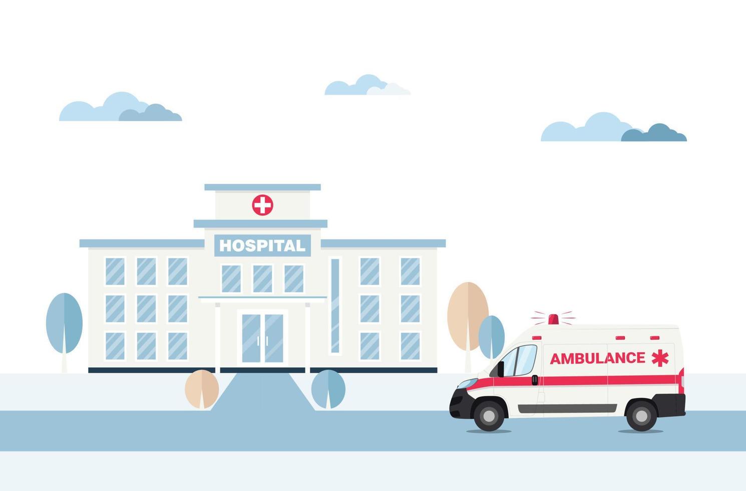 Ambulance emergency car on the road to the hospital. Medical concept flat design. Vector illustration.