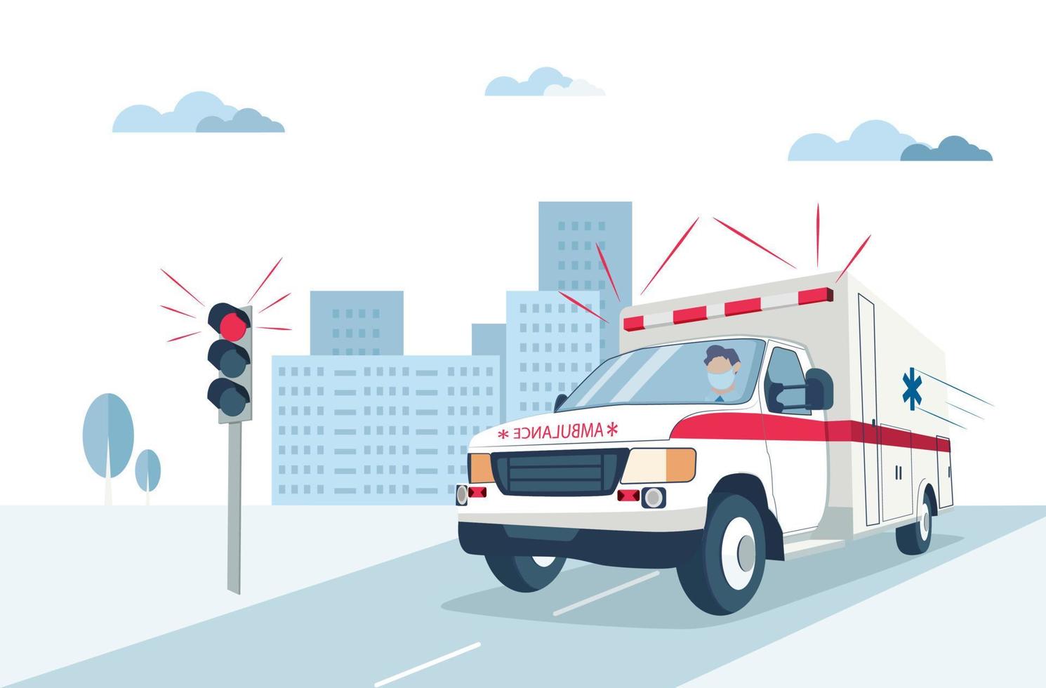 El coche de emergencia de la ambulancia pasa un semáforo en rojo en la carretera de la ciudad. diseño plano del concepto médico. ilustración vectorial. vector