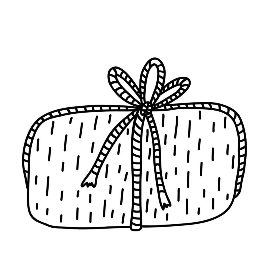 Present tight up with ribbon rope. Doodle cartoon vector illustration of gift box for Christmas or Birthday. Hand drawn sketch isolated on white, black outline.