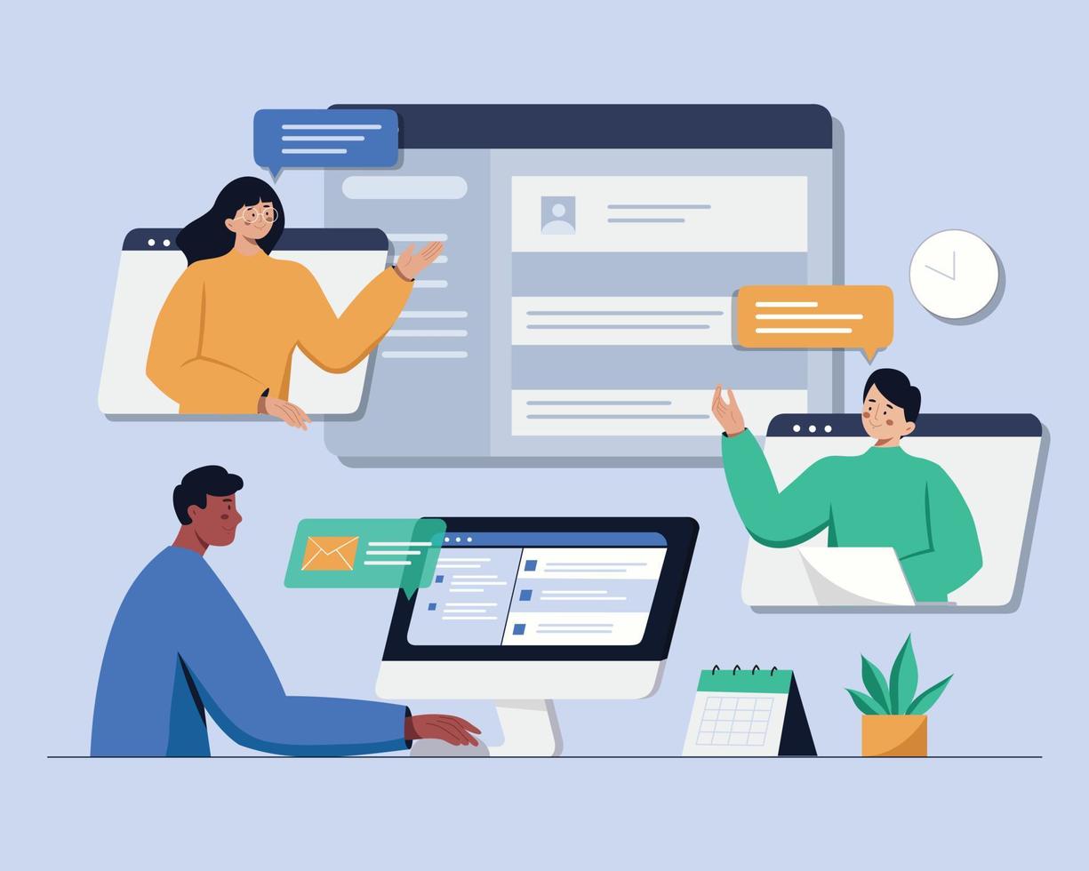 people connecting online with teleconference and video conference for meeting learning remote working concept. flat vector illustration design