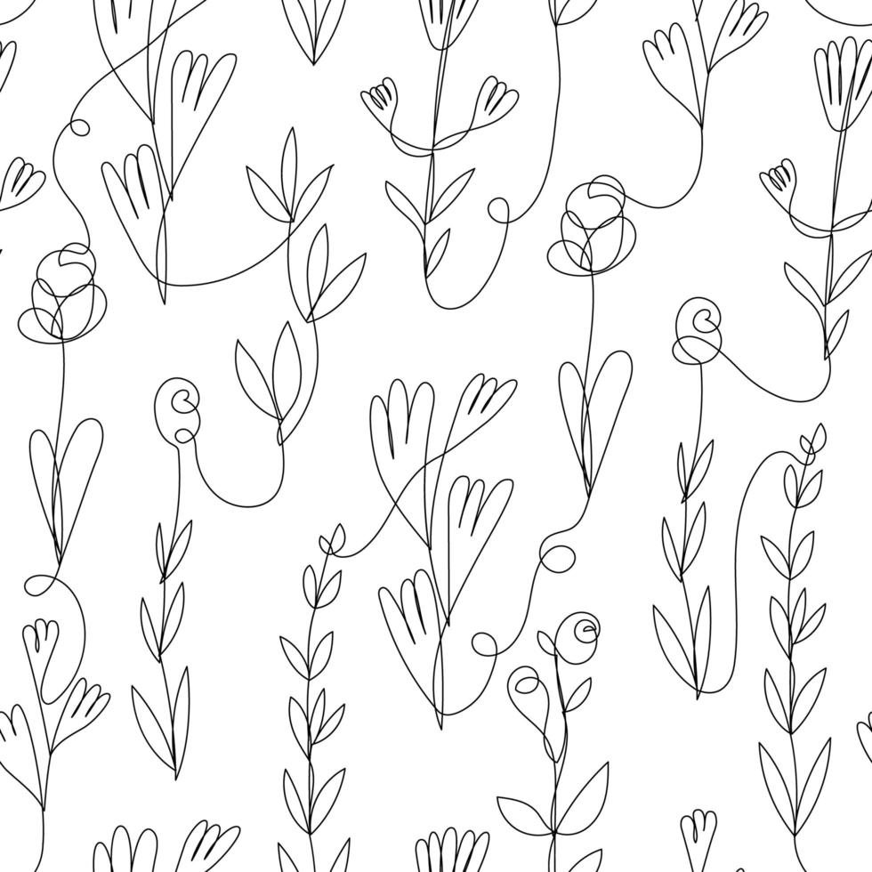 Vector flower, rose linear seamless background, plants with leaves, ornament, pattern with black single contour line on white background in hand drawn style. Monoline, continuous line.